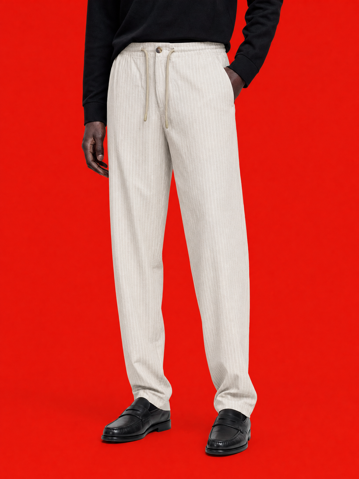 BOSS Relaxed-Fit Drawstring Linen Trousers – Natural Pinstrip