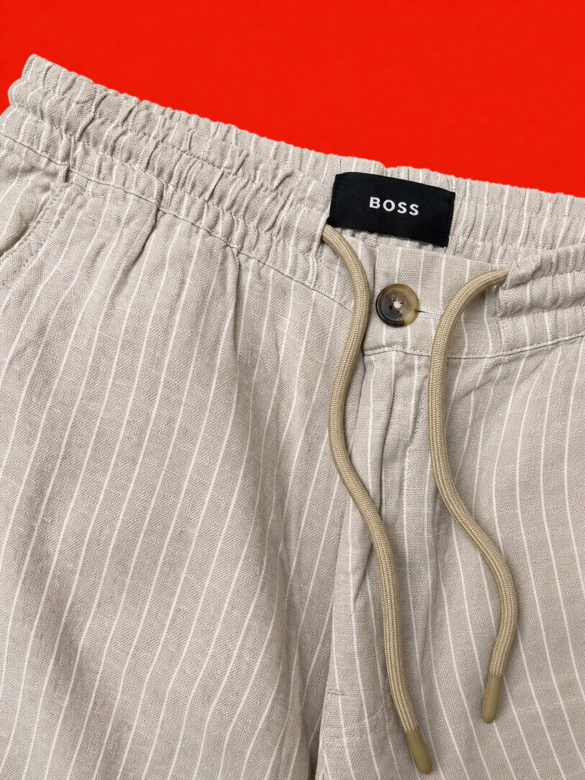 BOSS Relaxed-Fit Drawstring Linen Trousers – Natural Pinstrip