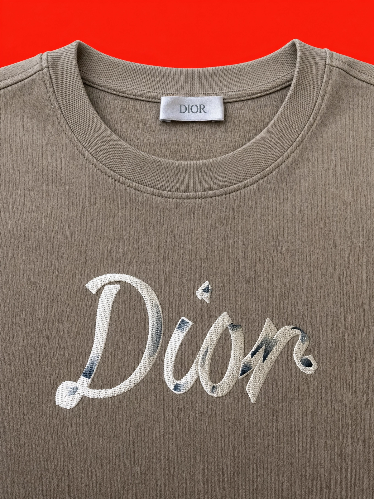 Dior Embroidered Script Logo T-Shirt – Taupe Beige