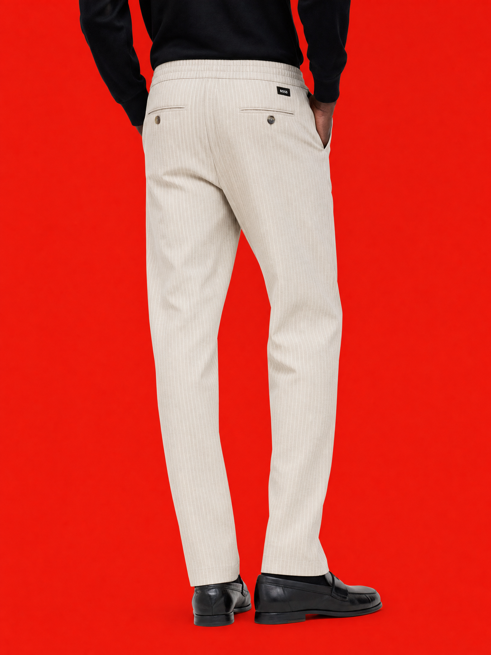 BOSS Relaxed-Fit Drawstring Linen Trousers – Natural Pinstrip