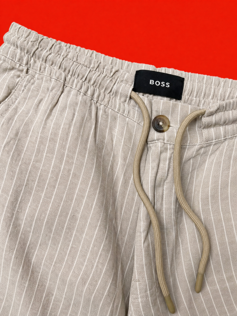 BOSS Relaxed-Fit Drawstring Linen Trousers – Natural Pinstrip