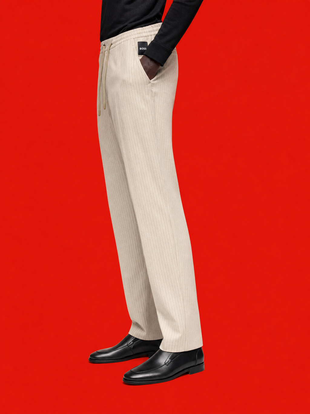BOSS Relaxed-Fit Drawstring Linen Trousers – Natural Pinstrip