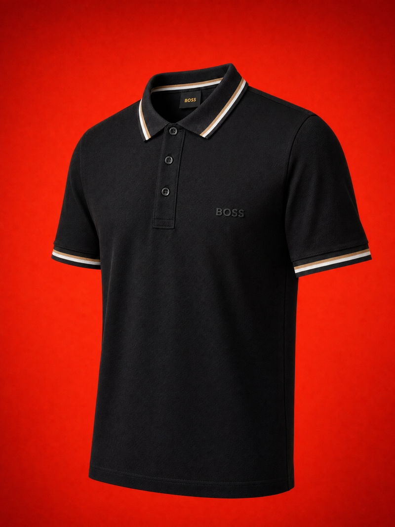 BOSS Polo Shirt with Signature Stripe Trim – Black